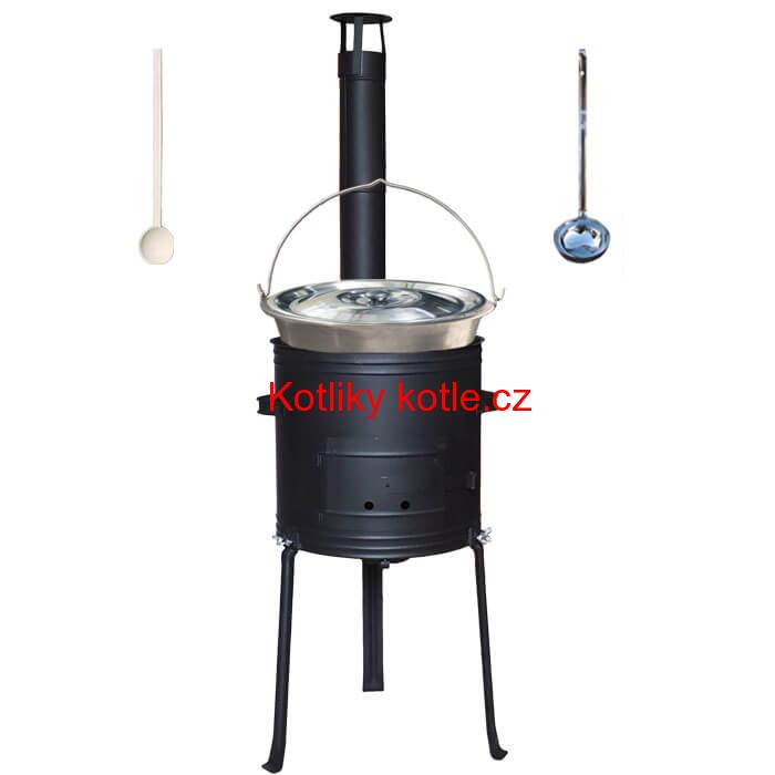 Nerezový kotlík 15 L (1,5 mm) + kovová kotlina s vysokými nožičkami 36 cm, žáruvzdorná barva Plus 700 + vařečka a naběračka