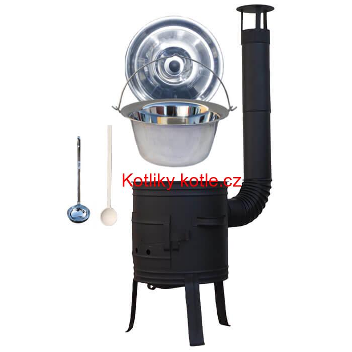 Nerezový kotlík 10 L (1,2 mm) + nízká žáruvzdorná kotlina 33 cm PLUS 700 + vařečka a naběračka