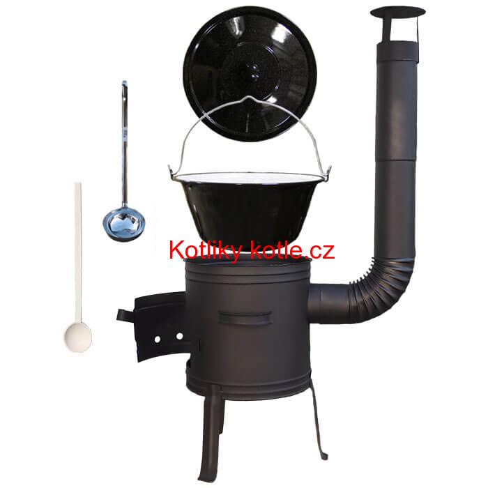 Smaltovaný kotlík 10 L (1,2 mm) + nízká žáruvzdorná kotlina 33 cm PLUS 700 + vařečka a naběračka
