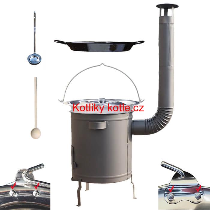 Nerezový kotlík 15 L (0,8 mm) zesílený s nýty + Paella pánev 38 cm + silnostěnná (1,5 mm) žáruvzdorná kotlina 36 PLUS 600