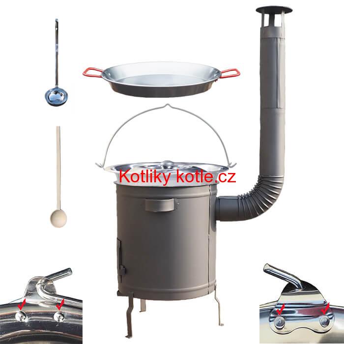 Nerezový kotlík 15 L (0,8 mm) zesílený s nýty + Paella pánev 38 cm + silnostěnná (1,5 mm) žáruvzdorná kotlina 36 PLUS 600