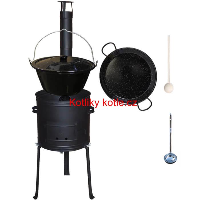 Smaltovaný kotlík 20 L + Paella pánev 46 cm + kovová kotlina s vysokými nožičkami 42 cm, žáruvzdorná barva Plus 700