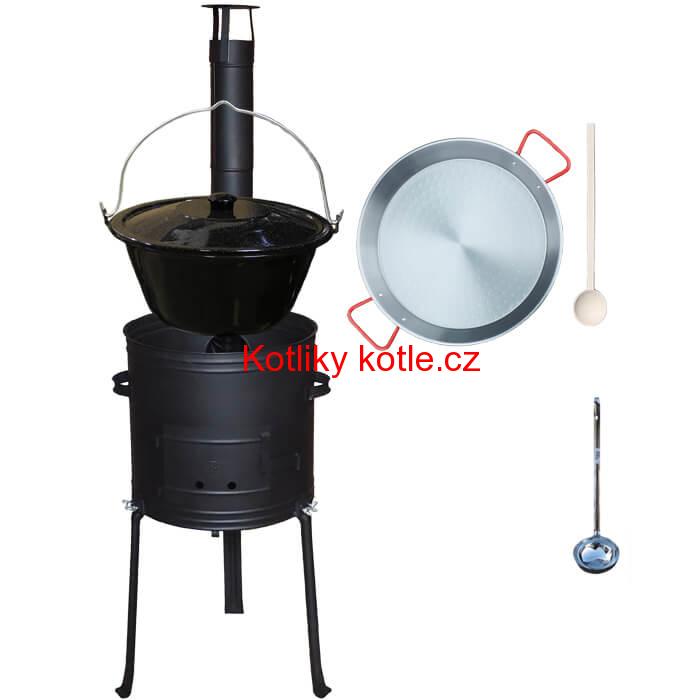 Smaltovaný kotlík 20 L + Paella pánev 46 cm + kovová kotlina s vysokými nožičkami 42 cm, žáruvzdorná barva Plus 700