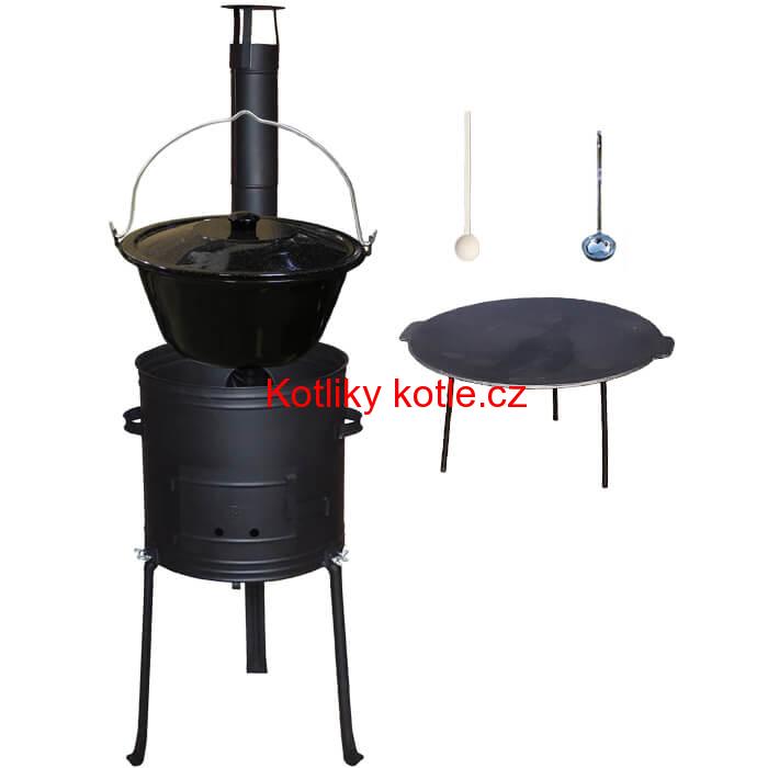 Smaltovaný kotlík 25 L + Litinová pánev 45 cm + kovová kotlina s vysokými nožičkami 42 cm, žáruvzdorná barva Plus 700