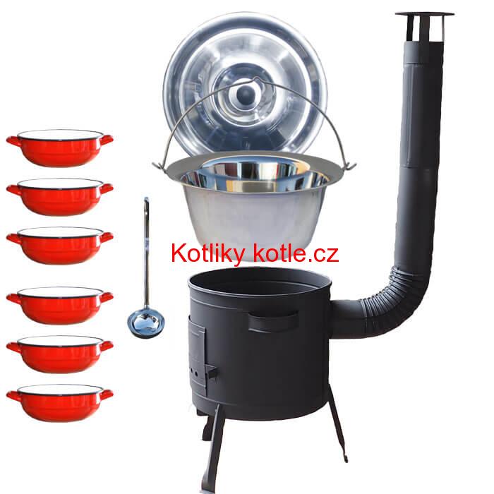 Nerezový kotlík 22 L (0,8 mm) INOX + selské misky 6 ks + nízká žáruvzdorná kotlina 42 cm PLUS 600