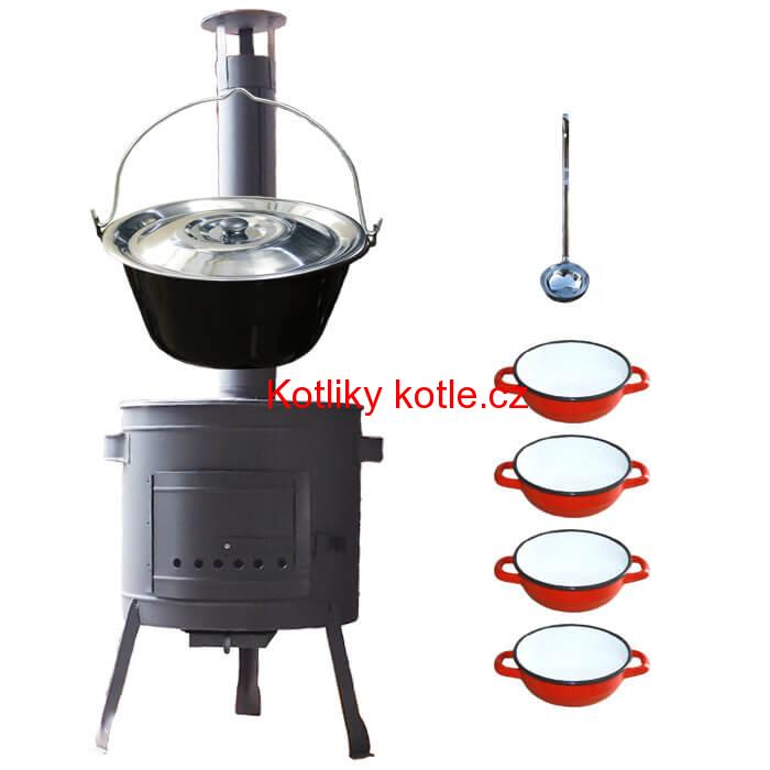 Smaltovaný kotlík 16 L + selské misky 4 ks + nízká žáruvzdorná kotlina 39 cm PLUS 600