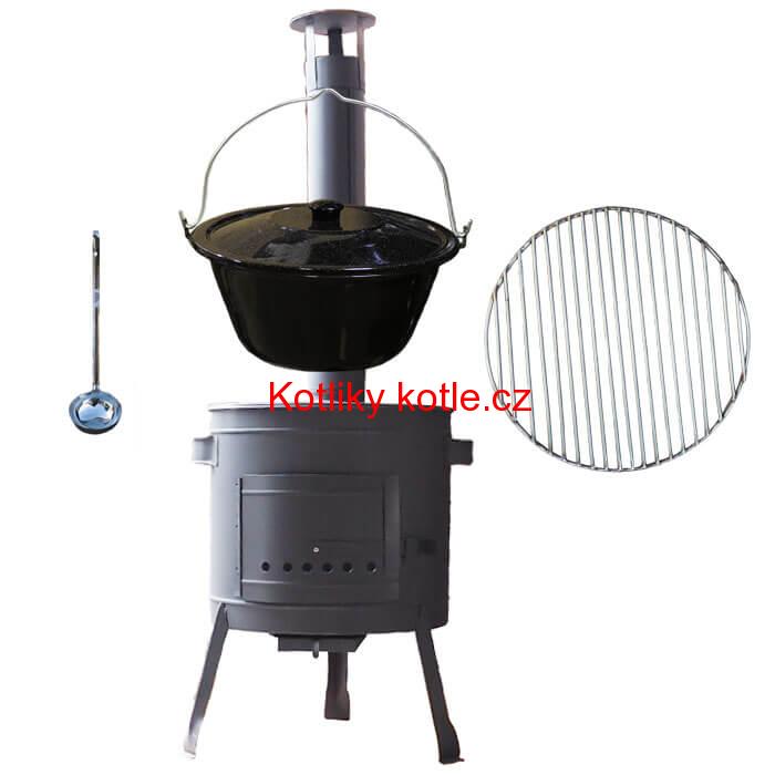 Smaltovaný kotlík 20 L + Nerezový rošt 45 cm + nízká žáruvzdorná kotlina 42 cm PLUS 600