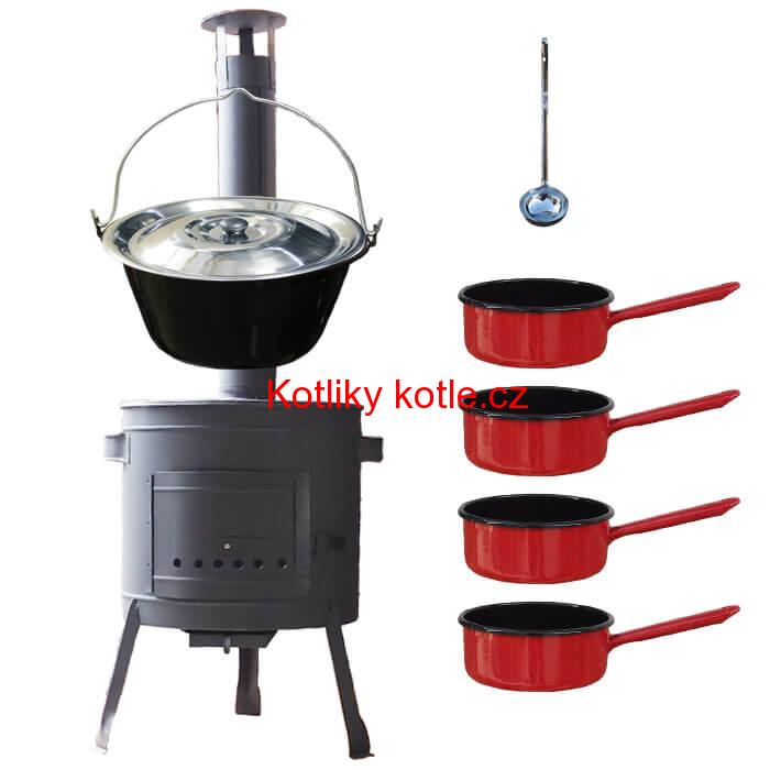 Smaltovaný kotlík 30 L + smaltovaný rendlík 4 ks + nízká žáruvzdorná kotlina 45 cm PLUS 600