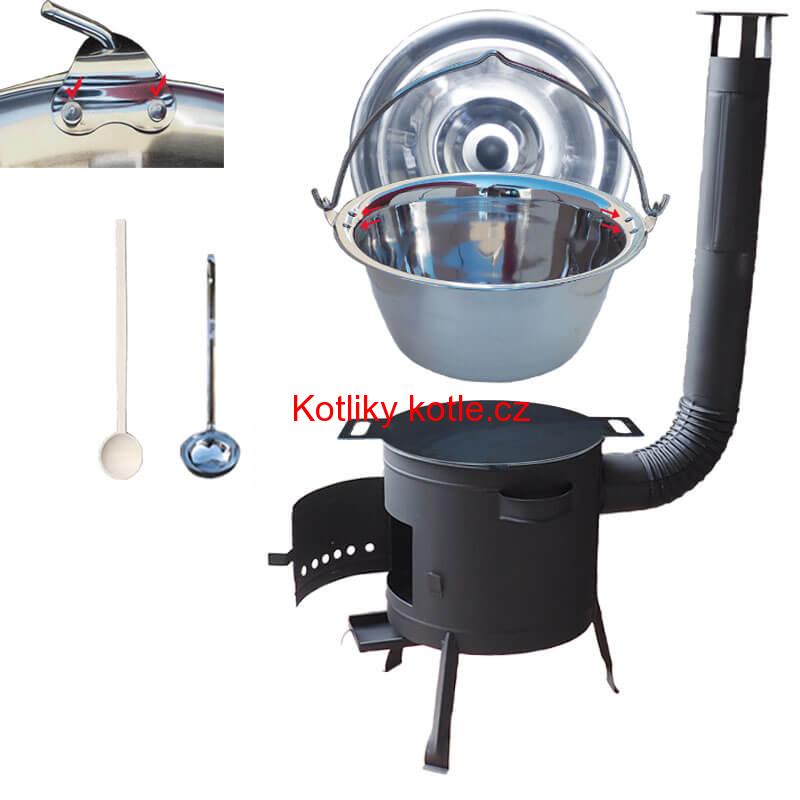 Nerezový kotlík 15 L (0,8 mm) s nýty + železná pánev 38 cm UNI + kotlina 36 cm PLUS 600