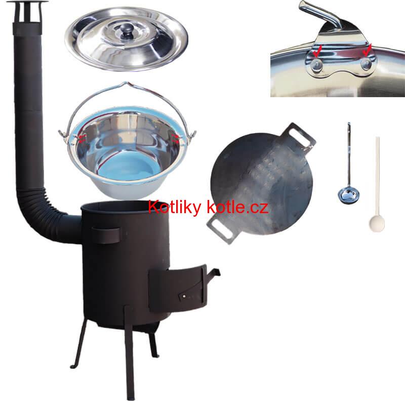 Nerezový kotlík 15 L (0,8 mm) s nýty + železná pánev 38 cm UNI + kotlina 36 cm PLUS 600 4 MM