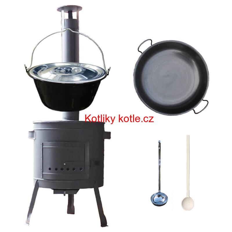 Smaltovaný kotlík 30 L (1,2 mm) + železná pánev 46 cm WOK + nízká žáruvzdorná kotlina 42 cm PLUS 600