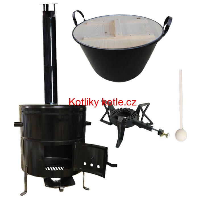 Zabijačkový smaltovaný kotel 100 L + kovová kotlina 60 cm + hořák 7 kW a  kouřovod