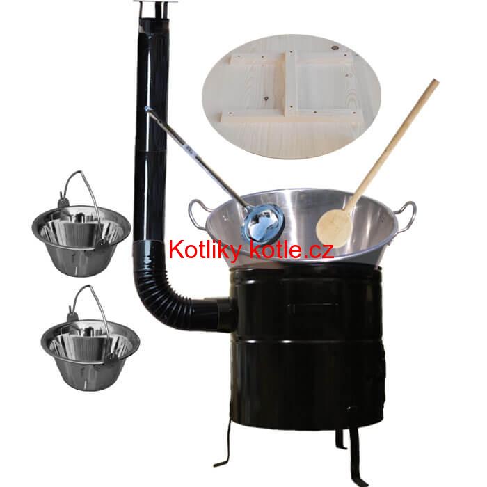 Zabijačkový nerezový kotel 100 L, kovová kotlina 60 cm, smaltovaná poklice + 2 servírovací nerezové kotlíky zdarma