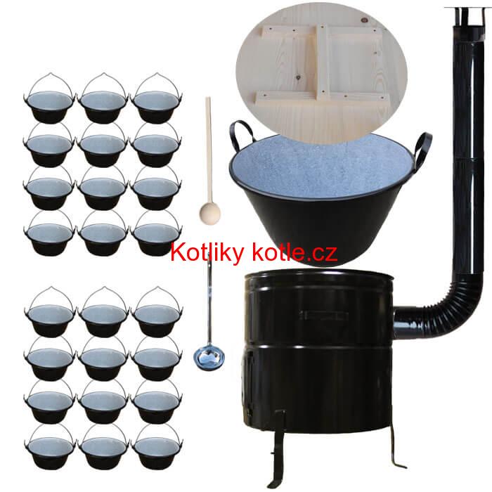 Smaltovaný kotel 100 L + servírovací kotlíky (24 ks) + vařečka a naběračka BIG PARTY