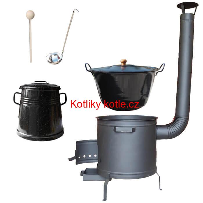 Smaltovaný kotel 80 L + žáruvzdorná kotlina 60 cm PLUS 600 + Nádoba na sádlo 10 L
