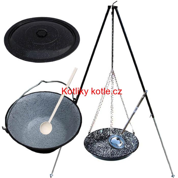 Smaltovaný kotlík 30 L + pánev na grilování + teleskopická trojnožka