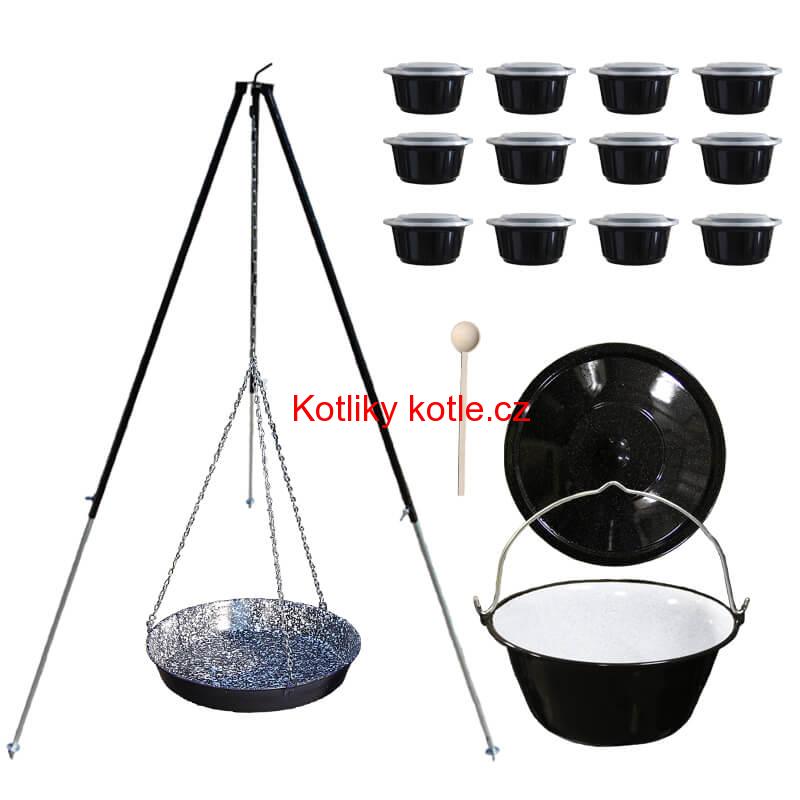 Smaltovaný kotlík 30 L + pánev na grilování + teleskopická trojnožka + misky 12 ks