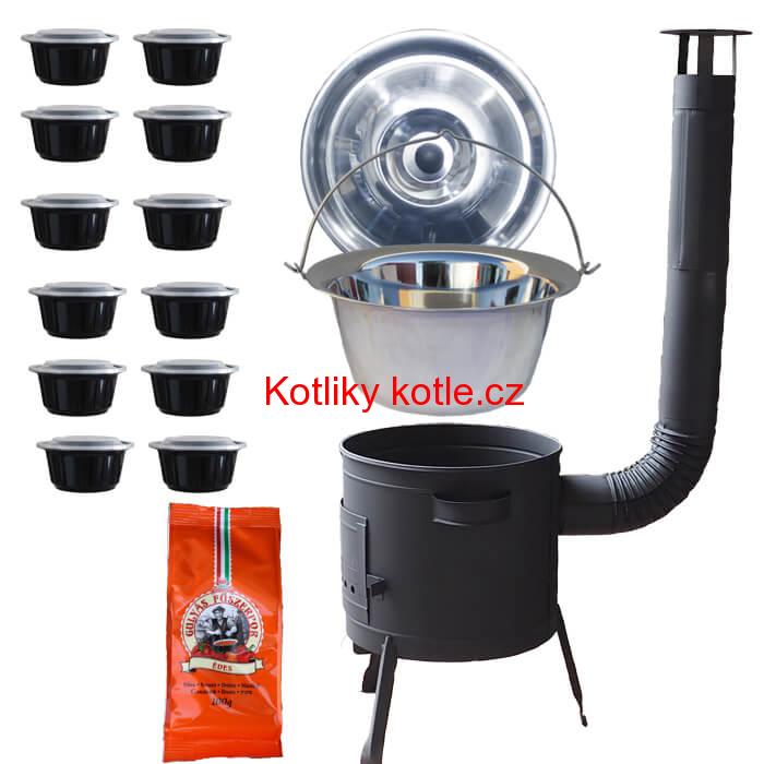 Nerezový kotlík 22 L (0,8 mm) + pepř na guláš 100 g + misky 12 ks + nízká žáruvzdorná kotlina (0,8 mm) 42 PLUS 600