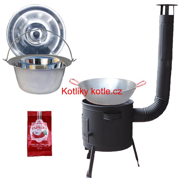 Nerezový kotlík 22 L (0,8 mm) INOX + Pánev PAELLA (WOK) 45 cm + sladká paprika 50 g + nízká kotlina 42 PLUS 600