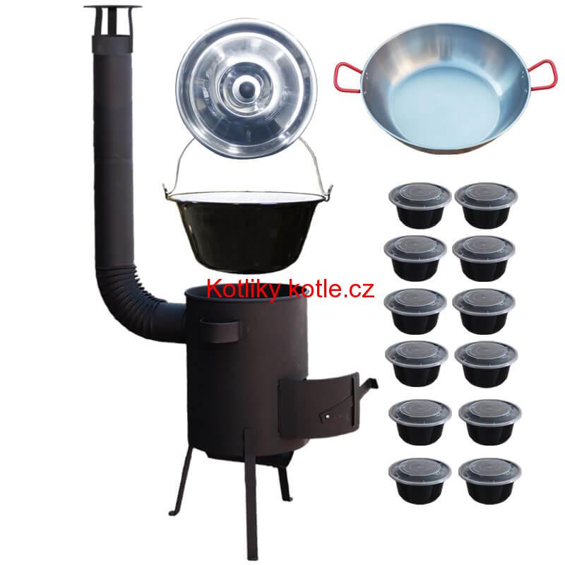 Smaltovaný kotlík 22 L + Pánev PAELLA (WOK) 45 cm + misky 12 ks + žáruvzdorná kotlina 42 PLUS 600 s roštem na popel 4 mm