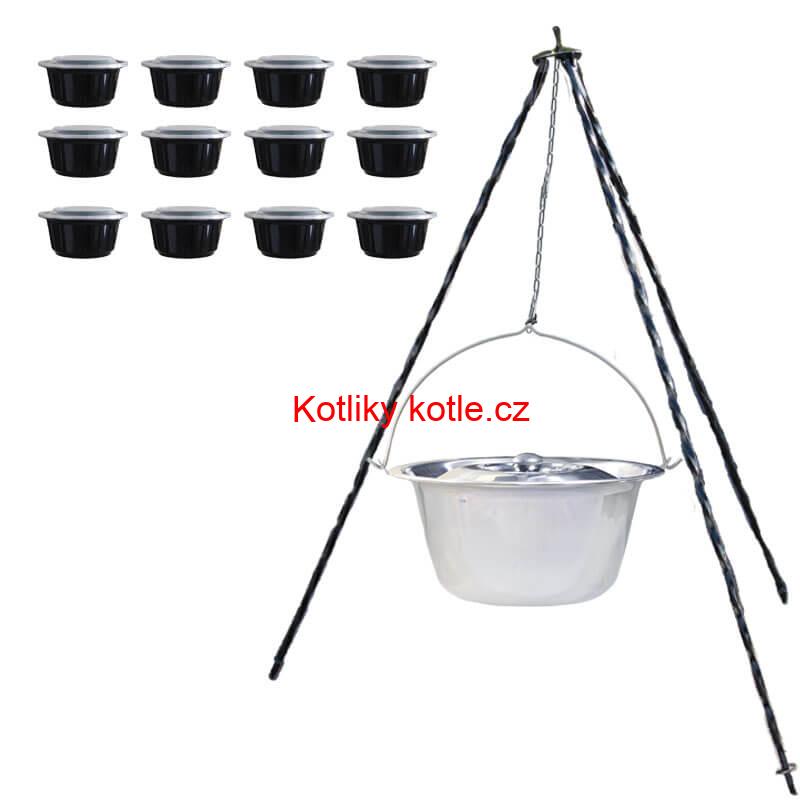 Nerezový kotlík 8 L (0,8 mm) INOX + poklice + trojnožka 1,20 m + misky 12 ks