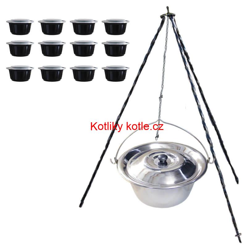 Nerezový kotlík 14 L (0,8 mm) INOX + poklice + trojnožka 1,20 m + misky 12 ks