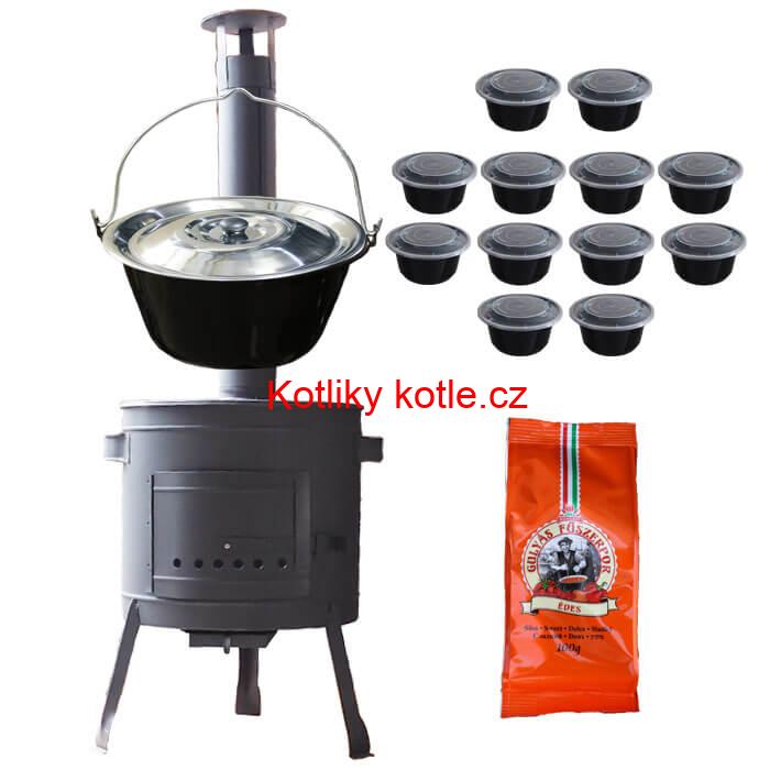 Smaltovaný kotlík 25 L (1,2 mm) + poklice + misky 12 ks + nízká žáruvzdorná kotlina (0,8 mm) 42 PLUS 600