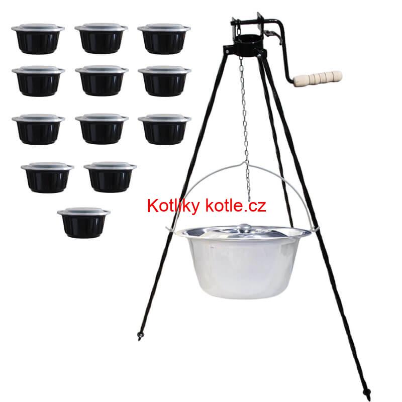 Nerezový kotlík 14 L (0,8 mm) INOX + stojan s kladkou VAR + misky 12 ks