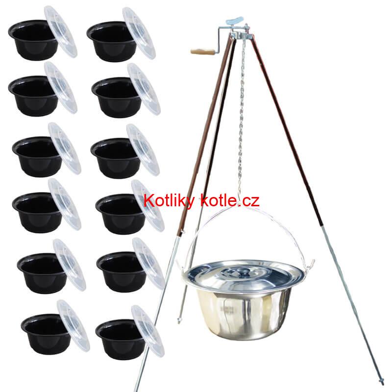 Nerezový kotlík 20 L (1,2 mm) + teleskopická trojnožka s pojistnou kladkou + misky 12 ks
