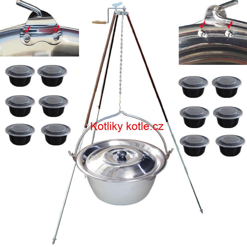 Nerezový kotlík 30 L (0,8 mm) s nýty + teleskopická trojnožka s pojistnou kladkou + misky 12 ks