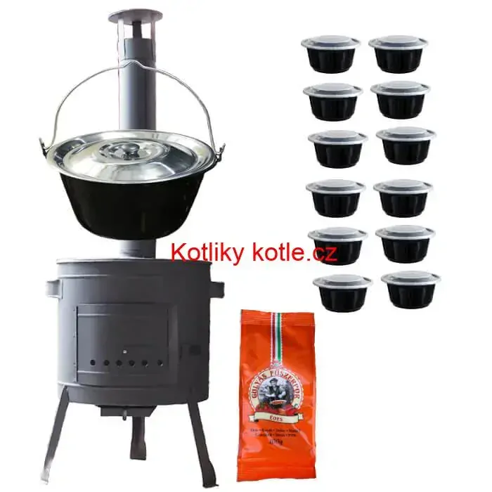 Smaltovaný kotlík 25 L (1,2 mm) + silnostěnná (1,5 mm) žáruvzdorná kotlina BALKY STRONG 42 PLUS 600 + misky 12 ks + paprikové koření na guláš 100 g