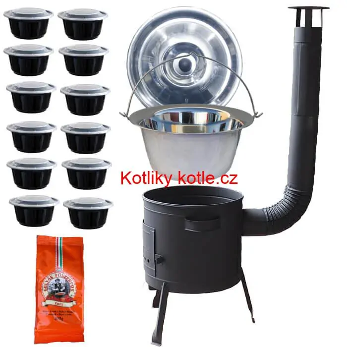 Nerezový kotlík 22 L (0,8 mm) INOX + silnostěnná (1,5 mm) žáruvzdorná kotlina BALKY STRONG 42 PLUS 600 + misky 12 ks + paprikové koření na guláš 100 g