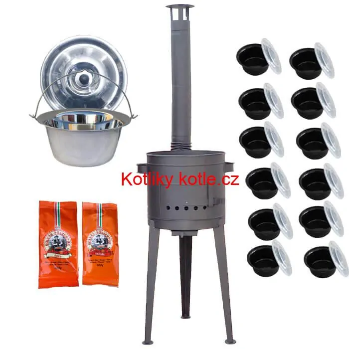 Nerezový kotlík 22 L (0,8 mm) INOX + vysoká žáruvzdorná kotlina 42 cm PLUS 600 + misky 12 ks + 2 x pepř na guláš 100 g