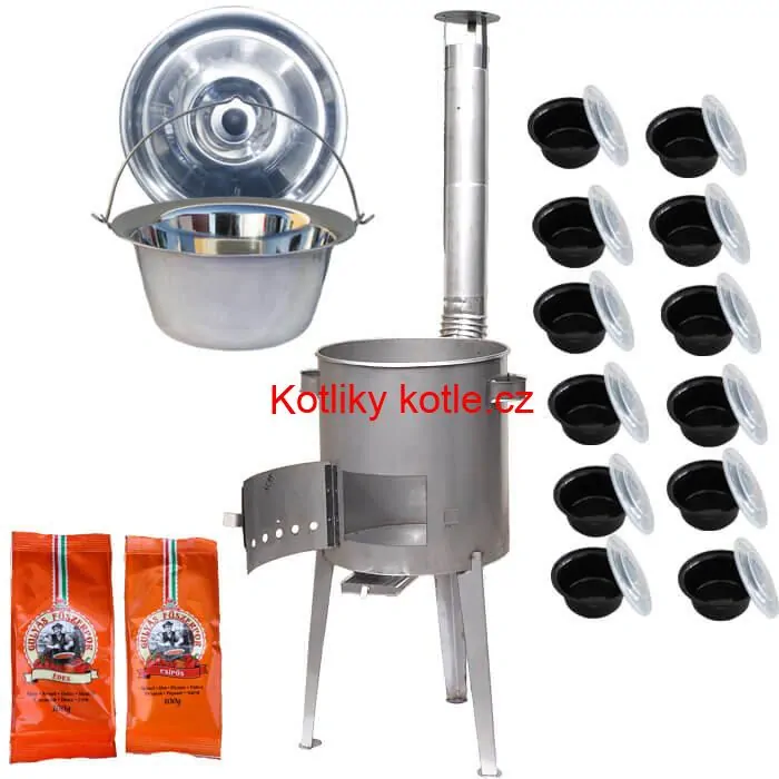 Nerezový kotlík 22 L (0,8 mm) INOX + nerezová kotlina 42 cm LUXUS + misky 12 ks + 2 x pepř na guláš 100 g