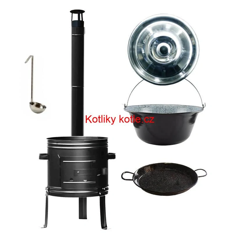 Smaltovaný kotlík 22 L + kovová kotlina + smaltovaná pánev 46 cm Paella