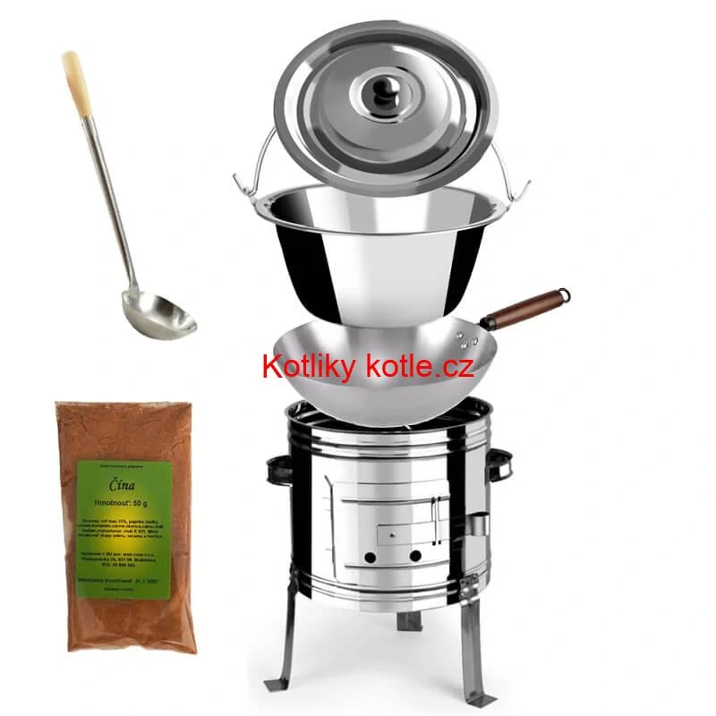 Nerezový kotlík 10 L (0,8 mm) + nerezová kotlina 31 INOX + Wok + koření 50 g