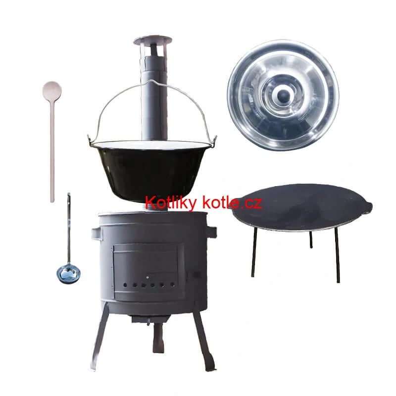 Smaltovaný kotlík 25 L + litinová pánev 45 cm + nízká žáruvzdorná kotlina 42 cm PLUS 600