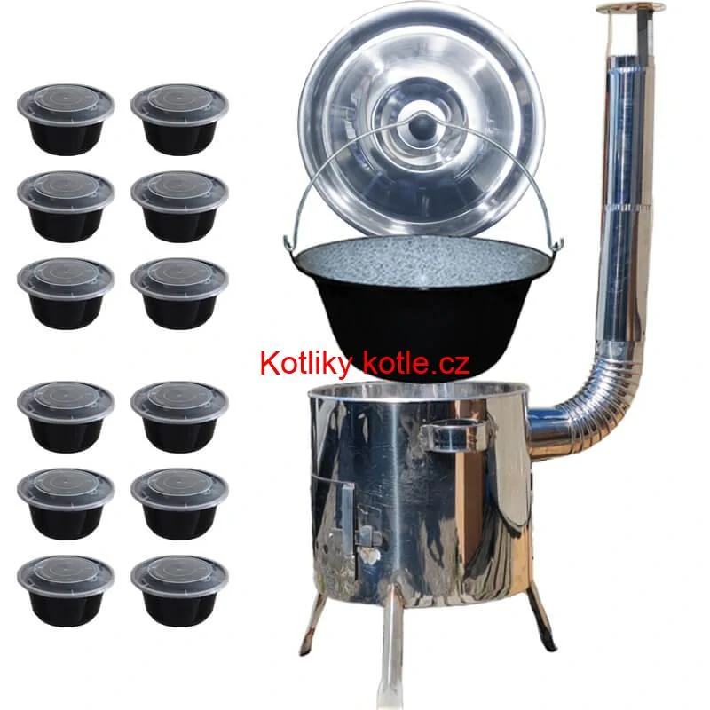 Smaltovaný kotlík 13 L + nerezová kotlina 36 INOX LUSTRO + misky 12 ks
