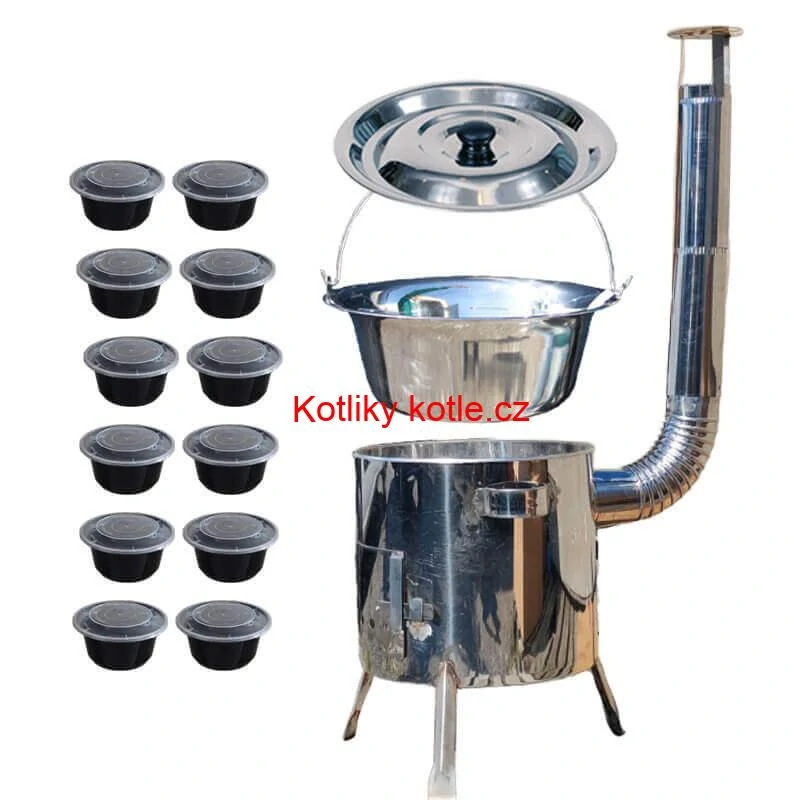Nerezový kotlík 14 L (0,8 mm) INOX + Nerezová kotlina 36 INOX LUSTRO + misky 12 ks