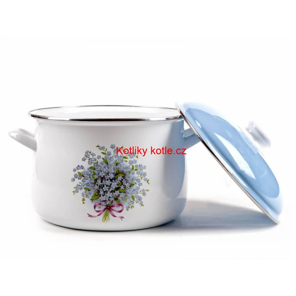 Smaltovaný hrnec s květinovým vzorem – Pomněnka 3 l + poklice