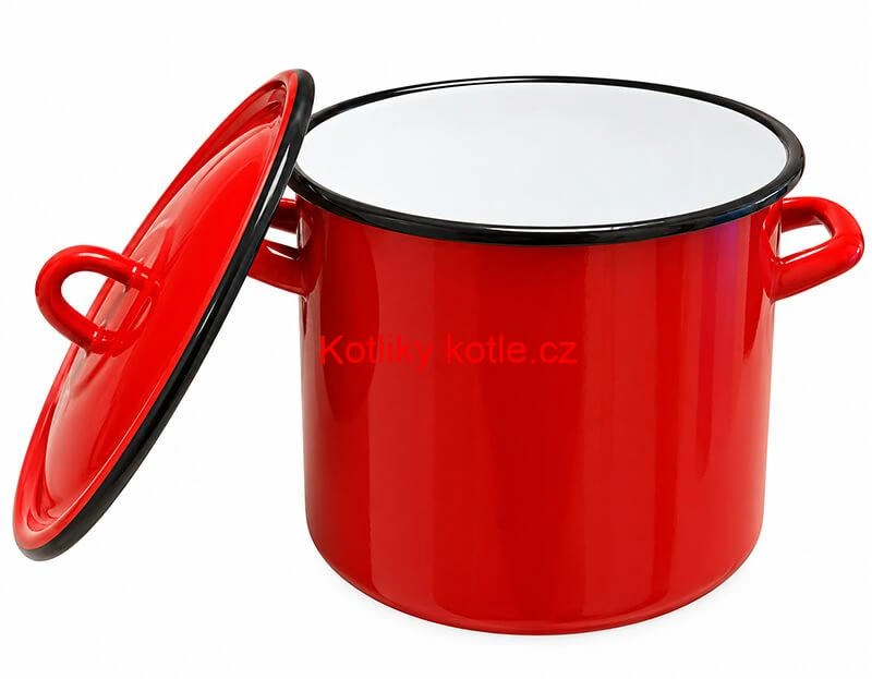 Červený smaltovaný hrnec FALCO s poklicí, pohled shora