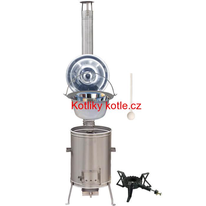 Nerezový kotlík 10 L (1,2 mm) + nerezová kotlina 36 cm + litinový hořák 7 kW, vařečka LUX