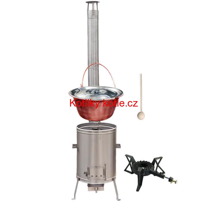 Měděný kotlík 10 L (1,2 mm) + nerezová kotlina 36 cm + litinový hořák 7 kW, vařečka LUX