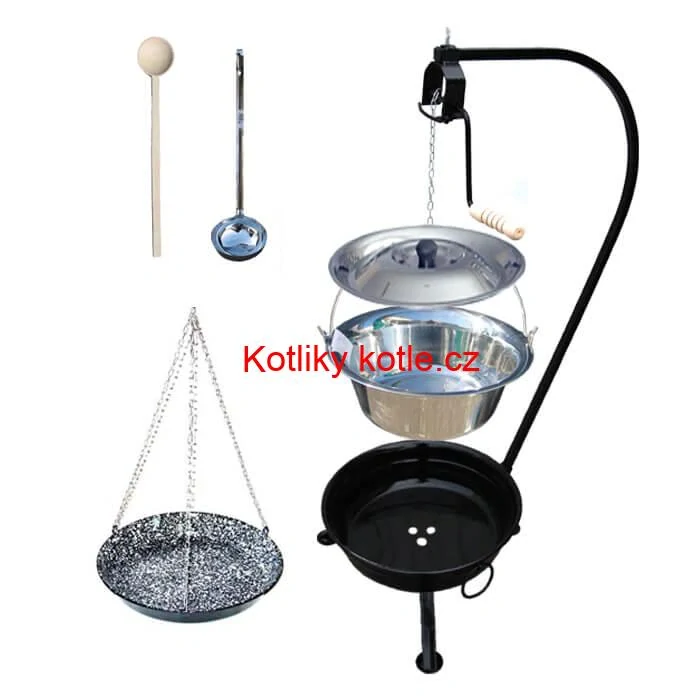 Nerezový kotlík 10 L (0,8 mm) INOX + smaltovaná pánev + ohniště se stojanem as pojistnou kladkou VAR