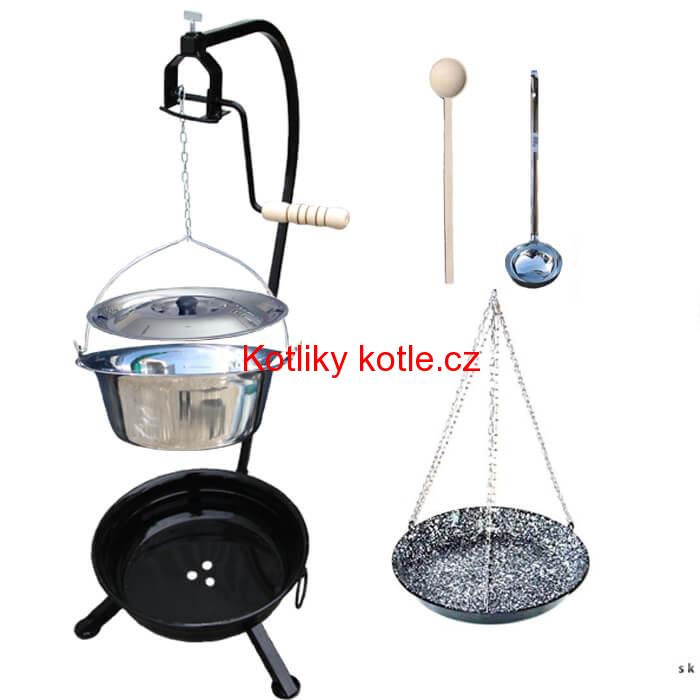 Nerezový kotlík 10 L (1,2 mm) INOX + smaltovaná pánev + ohniště se stojanem as pojistnou kladkou VAR
