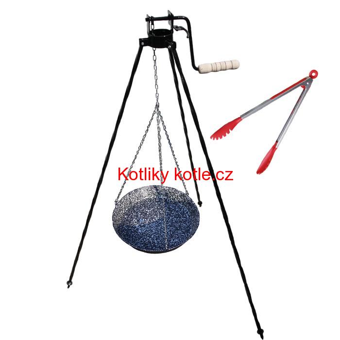 Smaltovaná pánev s řetízkem 42 cm + trojnožka s pojistnou kladkou a obracečka na maso GRILL PARTY 1