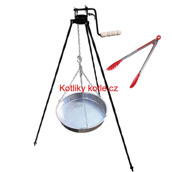 Nerezová pánev s řetízkem 42 cm + trojnožka s pojistnou kladkou a obracečka na maso GRILL PARTY 2