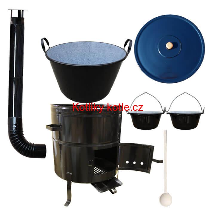 Zabijačkový smaltovaný kotel 80 L + kovová kotlina 58 cm + 2 servírovací kotlíky  a kouřovod
