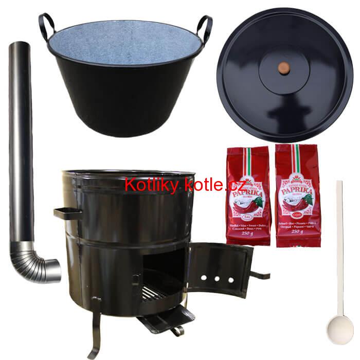 Smaltovaný kotel na guláš 50 L (1,2 mm) s oušky + kovová kotlina 50 cm a maďarská paprika MAX PARTY