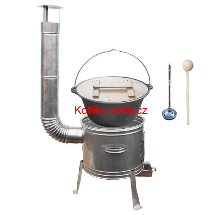 Litinový kotlík 22 L (0,8 cm) + nerezová kotlina 45 cm + vařečka a naběračka TOPLUX